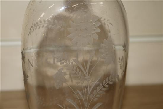 Four 18th/19th century etched glass flasks, one with silver mounted stopper tallest 19.5cm